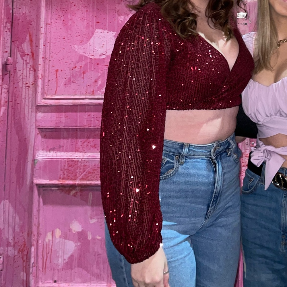 Princess Polly Red Sequin Crop Blouse